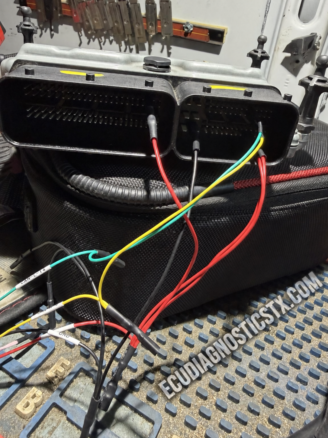 Bosch ME 9.7 ECU connected for bench programming after a Mercedes-Benz C-Class no-crank diagnosis
