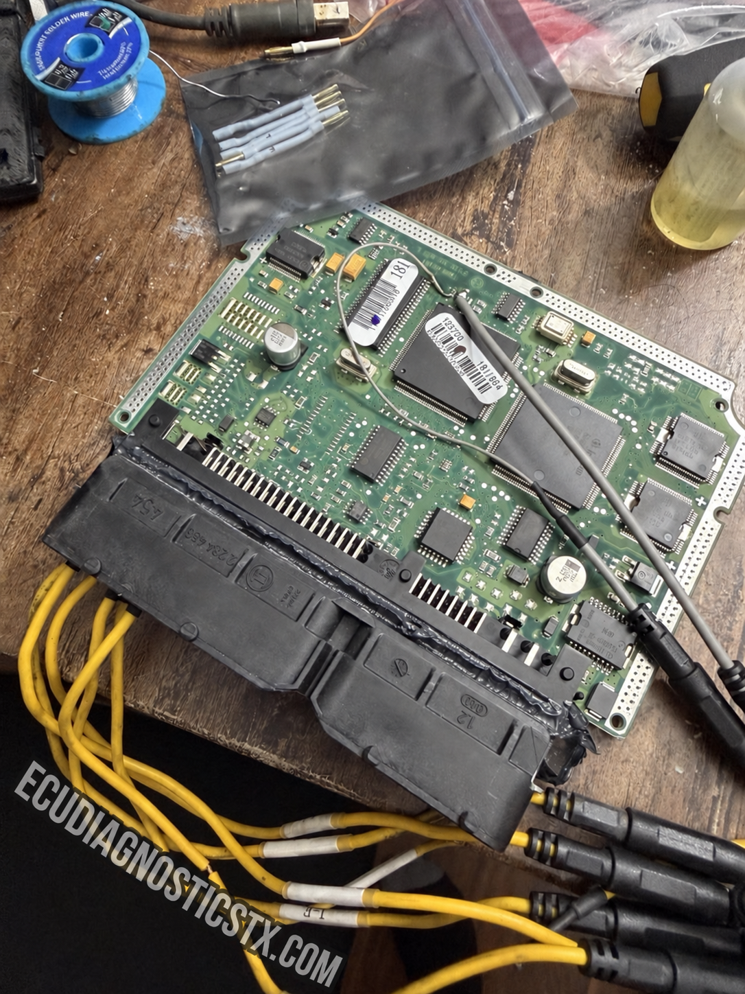 Volkswagen Rabbit engine control module connected for bench ECU cloning in Houston